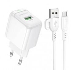 Сетевое зарядное устройство с выходом 1*USB, 3.0А, белый, кабель microUSB, BAS42A; BOROFONE QC3.0; Uвх=100-240VAC; Uвых=DC5V/3.0A