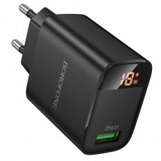 Сетевое зарядное устройство с выходом USB, 3.0А, черный, BA95A ilustre, QC3.0; дисплей,