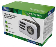 Радиоприемник RPR-033 WHITE RITMIX УКВ 88,0-108.0МГц; Bluetooth; USB, AUX; Питание от аккумулятора 18650(в комплекте. Зарядка через шнур USB