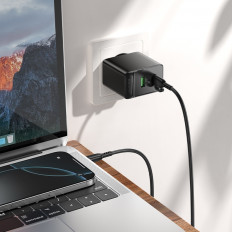 Сетевое зарядное устройство с выходами USB, Type-C, 3.0A, 65W GaN, черный, BAS17A