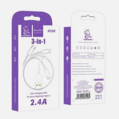 Кабель USB-Multi 3в1 microUSB + Lightning + Type-C белый D22E DENMEN 2.4A, силикон, ...