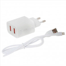 Сетевое зарядное устройство с выходом 2*USB 2.4A + Lightning белое DC05L; DENMEN Uвх=100-240VAC; Uвых=DC5V/2.4A