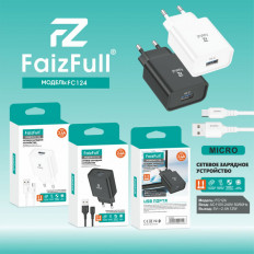 Сетевое зарядное устройство с выходом USB, 2.4А, кабель microUSB, черное, FC124; FaizFull Uвх=100-240VAC; Uвых=DC5V/2.4A