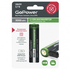 Аккумулятор 18650 (3.7V, 3000mAh) разъем microUSB GoPower LiIo; 18.5*68мм; с защитой от чрезмерного заряда/разряда (цена за 1 аккумулятор)