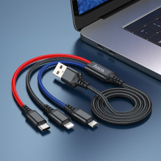 Кабель для зарядки USB-Multi 3в1 microUSB + Lightning + Type-C X76 цветной(черный/синий/красный)