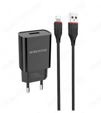 Сетевое зарядное устройство с выходом USB, 2.1А, черное, кабель Lightning, BA20A; BOROFONE Uвх=100-240VAC; Uвых=DC5V/2.1A