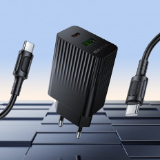 Сетевое зарядное устройство с вых.USB,Type-C,3.0A,черный BAS74A Source PD20W +QC3.0,с каб.Type-C