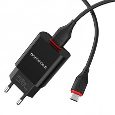 Сетевое зарядное устройство с выходом USB, 2.1А, чёрное, кабель microUSB, BA20A; BOROFONE Uвх=100-240VAC; Uвых=DC5V/2.1A