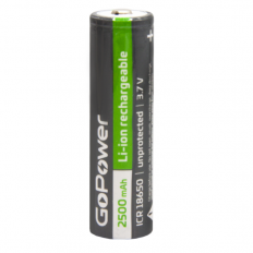 Аккумулятор 18650 (3.7V, 2500mAh) GoPower LiIo; 18.5*68мм; без защиты (цена за 1 аккумулятор)