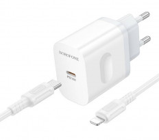 Сетевое зарядное устройство с выходом Type-C, 3.0А, 20W, белый, BA99A, с кабелем Type-C-Lightning BOROFONE Поддержка быстрой зарядки QC/PD20W; Uвх=110-240VAC; Uвых=5V/3A; 9V/ 2.22A