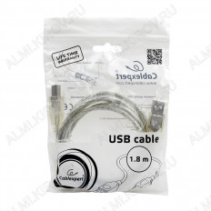 Шнур USB A шт/USB B шт 1.8м (CCF-USB2-AMBM-TR-6) экранированный, прозрачный силикон CABLEXPERT с ферритовым фильтром