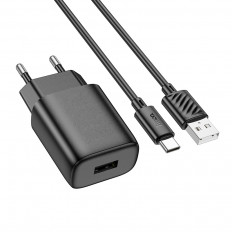 Сетевое зарядное устройство с выходом USB, 2.4А, черный, C134A Solid, с кабелем USB-Type-C;