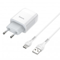 Сетевое зарядное устройство с выходом USB, 2.1А, белое, кабель Type-C, C72A; HOCO Uвх=100-240VAC; Uвых=DC5V/2.1A