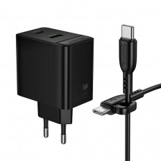 Сетевое зарядное устройство с вых.USB,Type-C,PD45W +QC3.0, BAS16A Erudite,черный, с каб.Type-C