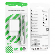 Сетевое зарядное устройство с выходом USB, 2.1А, белый, BA74A Aspirer, с кабелем USB-Type-C;