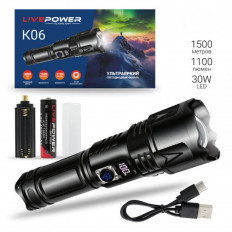 Фонарь прожектор K06 аккумуляторный с функцией Power Bank LIVE-POWER 1LED 30W; ZOOM; питание от акк. Li-ion 18650 или 3*LR03. Зарядка через шнур Type-C