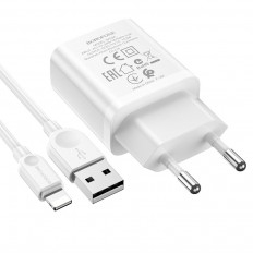 Сетевое зарядное устройство с выходом USB 2.1A + Lightning белое BA52A; BOROFONE Uвх=100-240VAC; Uвых=DC5V/2.1A