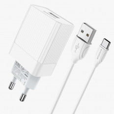 Сетевое зарядное устройство с выходом USB, 3.0А, 18W, белый, BA47A, с кабелем USB-Type-C, поддержка BOROFONE Uвх=100-240VAC; Uвых=DC5V/3.0A