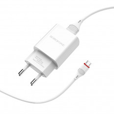 Сетевое зарядное устройство с выходом USB, 2.1А, белое, кабель microUSB, BA20A; BOROFONE Uвх=100-240VAC; Uвых=DC5V/2.1A