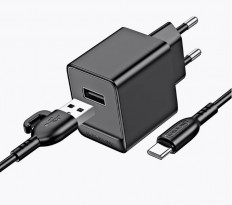 Сетевое зарядное устройство с выходом USB, 2.1А, черный, BAS11A Erudite, c кабелем USB-Type-C; BOROFONE Uвх=100-240VAC; Uвых=DC5V/2.1A