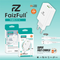 Сетевое зарядное устройство с выходом USB, 3.0А, 20W, черный, FC116, с кабелем USB-Type-C, QC3.0