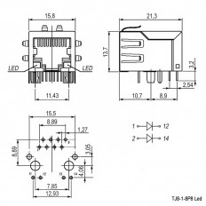 Разъем TJ8-1-8P8 LED (RJ-45) экранированный (2220) Розетка на плату, 8*8