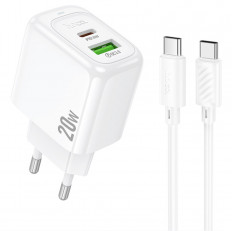 Сетевое зарядное устройство с вых. USB, Type-C, 3.0A, 20W, белый CS54A Surplus с каб.Type-C-Type-C