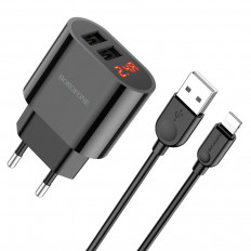 Сетевое зарядное устройство с выходом 2*USB, 2.4A, чёрное+дисплей, кабель Lightning, BA63A ;СЗУ 2*US BOROFONE Uвх=100-240VAC; Uвых=DC5V/2.4A; дисплей