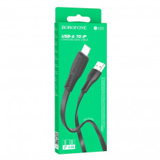 Кабель USB-Lightning, 1.0м, для зарядки и передачи данных, чёрный, (BX85) BOROFONE 2.4A, ПВХ (PVC), плоский кабель
