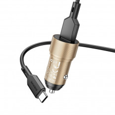 Автомобильное зарядное устройство с выходом USB, 3A, золотой, QC3.0 BZ19A Wisdom с кабелем USB-Type-C