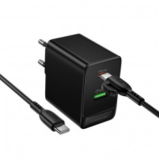 Сетевое зарядное устройство с вых.USB,Type-C,PD65W +QC3.0, BAS17A Erudite ,черный ,с каб.Type-C