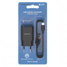 Сетевое зарядное устройство с выходом USB, 2.1А, чёрное, кабель microUSB, BA20A; BOROFONE Uвх=100-240VAC; Uвых=DC5V/2.1A