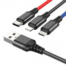 Кабель для зарядки USB-Multi 3в1 microUSB + Lightning + Type-C X76 цветной(черный/синий/красный)