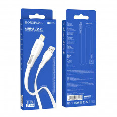 Кабель USB-Lightning, 1.0м, для зарядки и передачи данных, белый, (BX85) BOROFONE 2.4A, ПВХ (PVC), плоский кабель