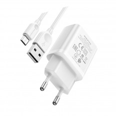 Сетевое зарядное устройство с выходом USB, 2.1А, белое, кабель microUSB, BA52A; BOROFONE Uвх=100-240VAC; Uвых=DC5V/2.1A