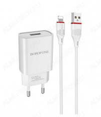 Сетевое зарядное устройство с выходом USB, 2.1А, белое, кабель Lightning, BA20A; BOROFONE Uвх=100-240VAC; Uвых=DC5V/2.1A