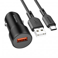 Автомобильное зарядное устройство с выходом USB, 3A, черный, QC3.0 BZ19A Wisdom с кабелем USB-Type-C