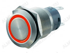 Кнопка антивандальная M19 ON-(ON) LED12V 1NO1NC 5c красная с подсветкой 12V, без фиксации d=19mm; 5A/250VAC; 5pin; IP67