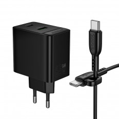 Сетевое зарядное устройство с вых.USB,Type-C,PD65W +QC3.0, BAS17A Erudite ,черный ,с каб.Type-C