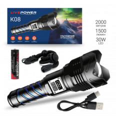 Фонарь прожектор K08 аккумуляторный с функцией Power Bank LIVE-POWER 1LED 30W; ZOOM; питание от акк. Li-ion 18650 или 3*LR03. Зарядка через шнур Type-C