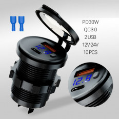 Адаптер DC/DC 12V/5V 3,1А CR1035 2USB QC3.0 + PD30W + вольтметр MRM-POWER Uвх.12-24В; Uвых 5В; 3.1А; цвета подсветки в ассортименте