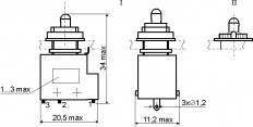 Кнопка КМ1-1 (пр-во Китай) ON-(ON) без фиксации d=8.2mm; 3A/250VAC; 3pin