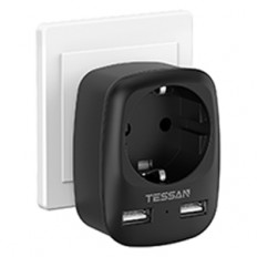 Фильтр сетевой TS-611-DE Black (1 розетка + 2 USB-разъема) TESSAN 16A, ABS-пластик, макс. нагрузка 3600Вт; USB(5V, 2.4A)