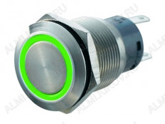 Кнопка антивандальная M19 ON-(ON) LED12V 1NO1NC 5c зеленая с подсветкой 12V, без фиксации d=19mm; 5A/250VAC; 5pin; IP67