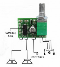 KIT Усилитель 2х3Вт PAM8403 (с потенциометром) (EM-603) No name Питание: 2.5...5VDC; Мощность: 2*3W; Сопротивление: 4-8R; с потенциометром