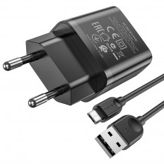 Сетевое зарядное устройство с выходом USB, 2.1А, черное, кабель microUSB, BA52A; BOROFONE Uвх=100-240VAC; Uвых=DC5V/2.1A