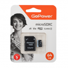 Карта MicroSDXC 64Gb (Class 10) 70Mb/s V30 GoPower + SD adapter