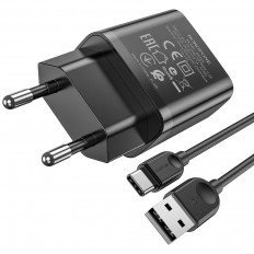 Сетевое зарядное устройство с выходом USB, 2.1А, черное, кабель Type-C, BA52A; BOROFONE Uвх=100-240VAC; Uвых=DC5V/2.1A