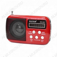 Радиоприемник WS-822 красный УКВ 88,0-108.0МГц, USB/microSD/FM/дисплей. Питание от аккумулятора. Зарядка через USB-шнур