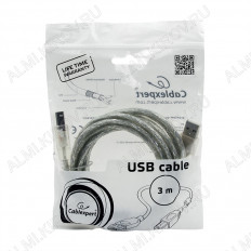 Шнур USB A шт/USB B шт 3.0м (CCF-USB2-AMBM-TR-10) экранированный, прозрачный силикон CABLEXPERT с ферритовым фильтром